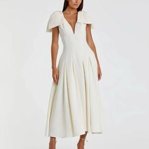 Mac Duggal Ivory Crepe A Line Midi Dress With Bow Straps
